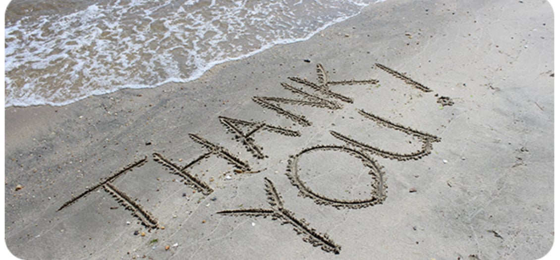 A 'THANK YOU' message written in the sand on a beach, sent by Ocean Conservancy