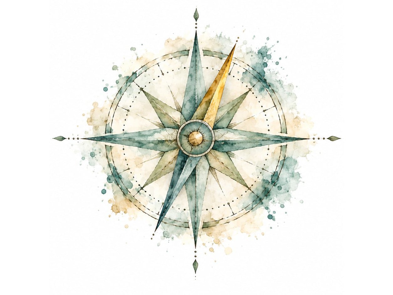 A watercolour compass rose, its needle picked out in gold